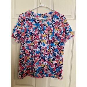 JUICY COUTURE Floral Blouse Small Chiffon Ruffle Beaded Neck Dainty Feminine